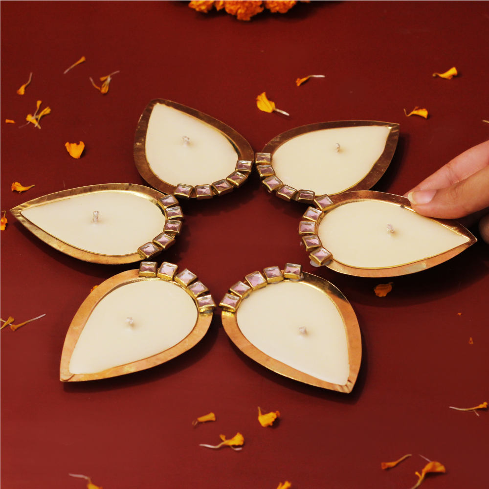 Brass Diya (Box of 6)- Scented (Big) Twin Flames India