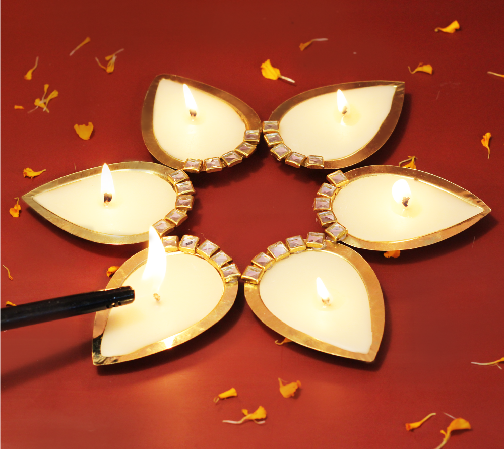 Brass Diya (Box of 6)- Scented (Big) Twin Flames India