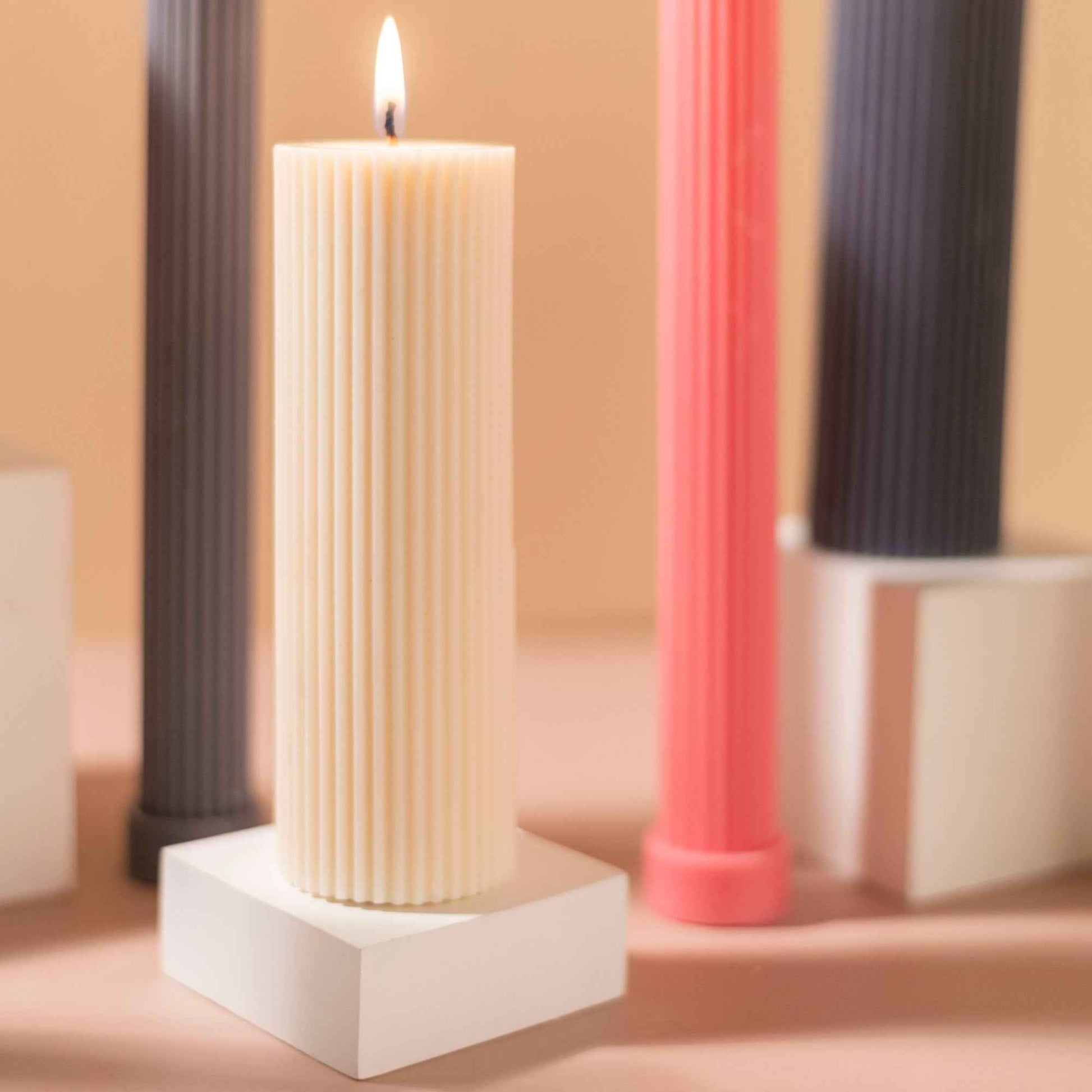 Grey Ribbed Designer Candle (Set of 2)