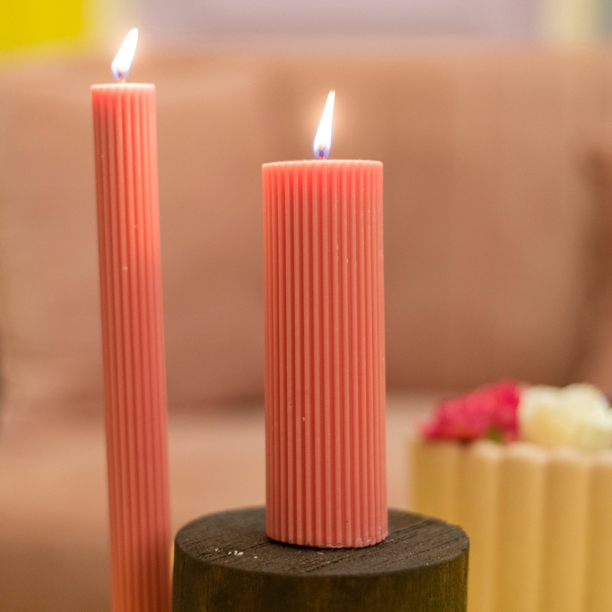 Brown Ribbed Designer Candle (Set of 2) Twin Flames India