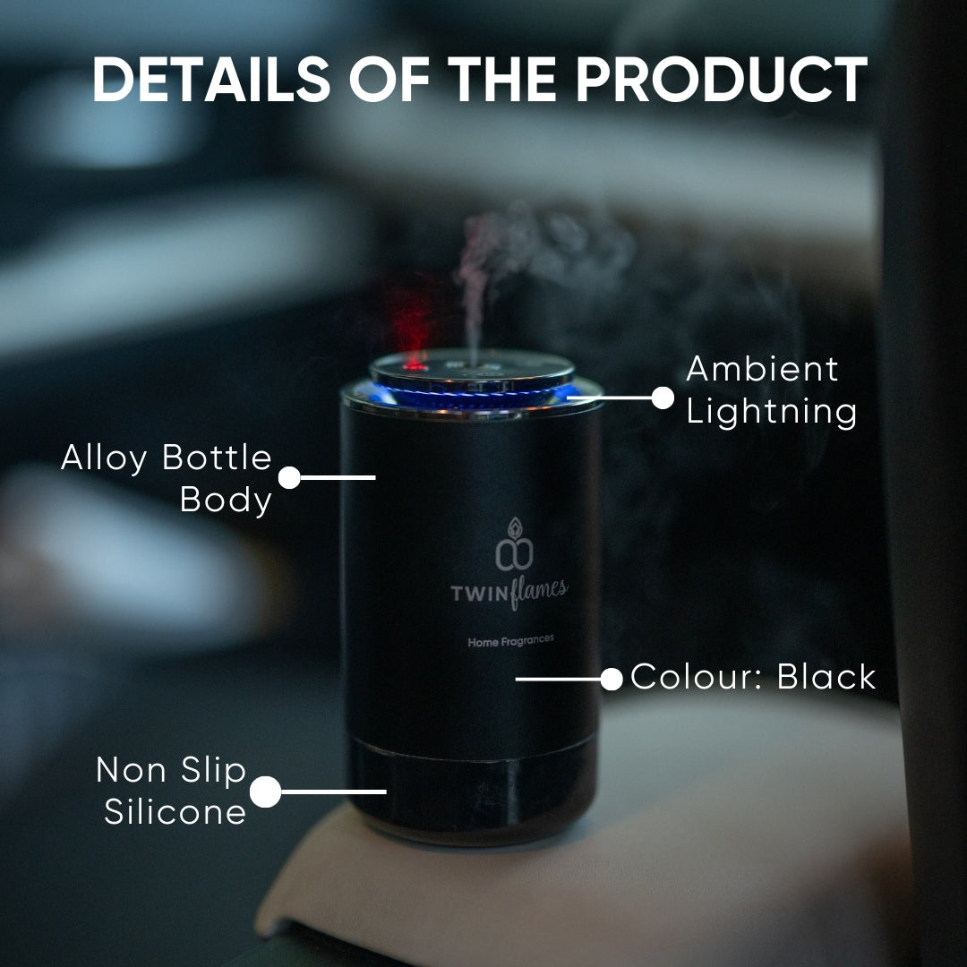 Electric Aroma Diffuser for Car & Home with Two Premium Fragrance Oils | Cordless-Style USB Operation | Intensity Control | Ambient LED Light