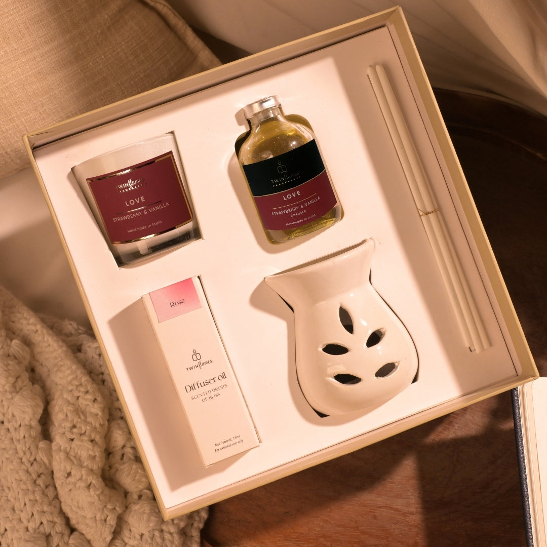 Mehek Box – Tea Light Diffuser, Diffuser Oil, Reed Diffuser & Shot Glass Candle