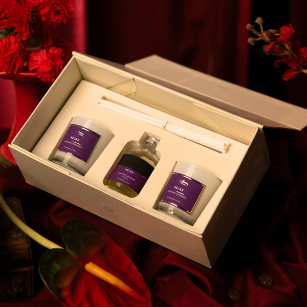 Nivara Box: Kashmiri Lavender – 50ml Reed Diffuser & Dual Shot Glass Candles