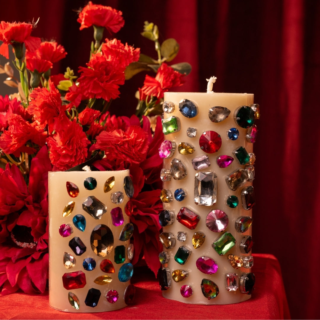 Navratna Pillar Candle Set – 2 Crystal-Inspired Candles