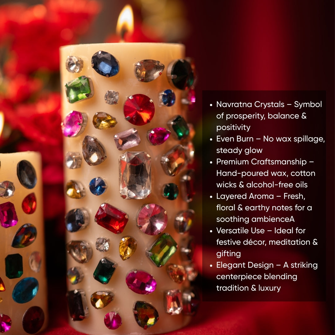 Navratna Pillar Candle Set – 2 Crystal-Inspired Candles