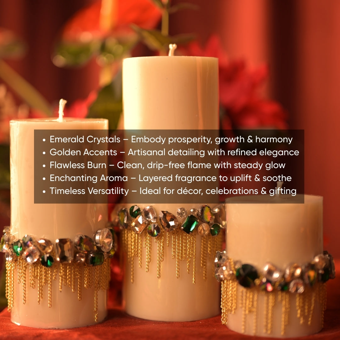 Emerald Light Candle Set – 3 Pillar Candles with Luxe Detailing