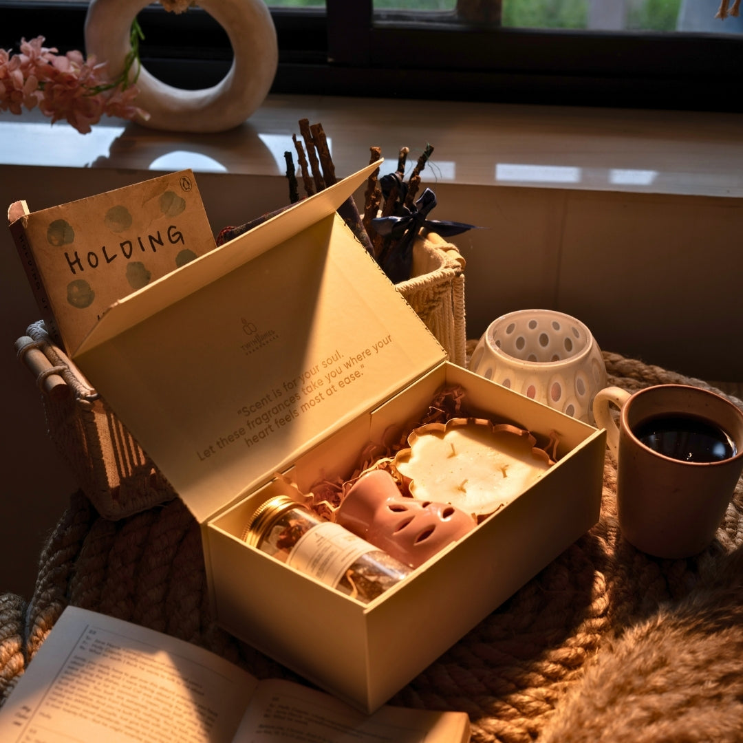 Vibhuti- Eternal Calm Set - Camphor Mix Jar, Lotus Urli Candle and Tealight Diffuser