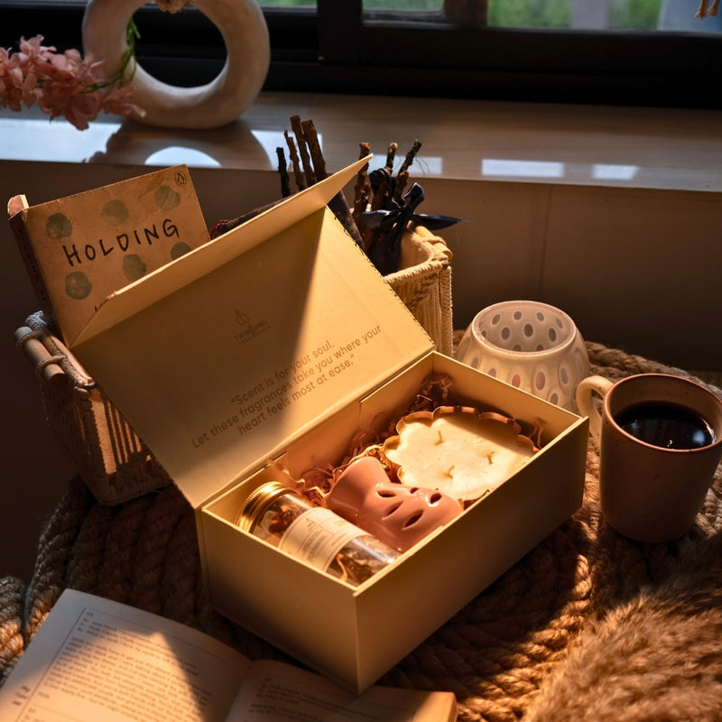 Vibhuti- Eternal Calm Set - Camphor Mix Jar, Lotus Urli Candle and Tealight Diffuser