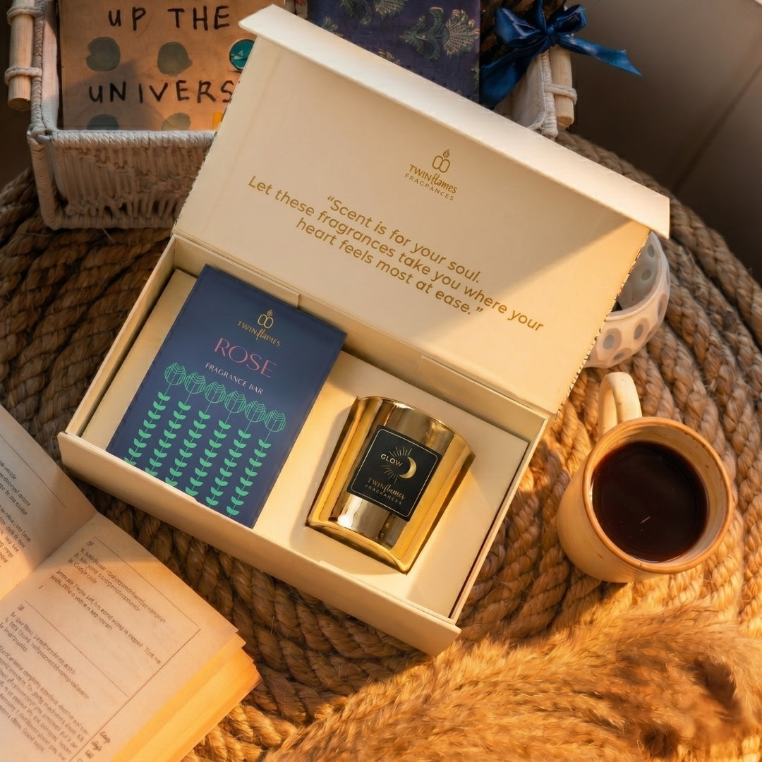 Roshni Gift Box (Flow Edition) - Fragrance Bar & Metallic Gold Soy Wax Jar Candle