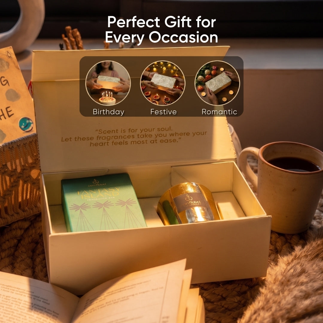 Roshni Gift Box (Flow Edition) - Fragrance Bar & Metallic Gold Soy Wax Jar Candle