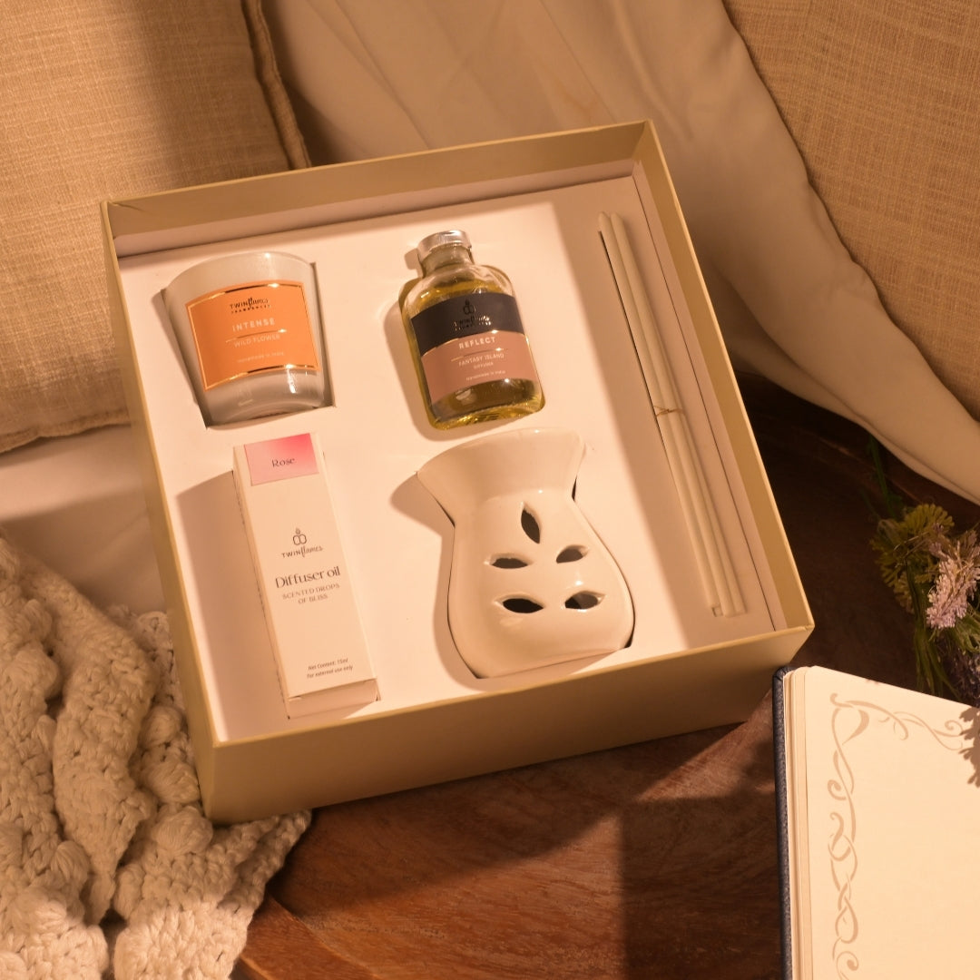 Mehfil Glow Box – Tea Light Diffuser, Oils, Reed Diffuser & Shot Glass Candle