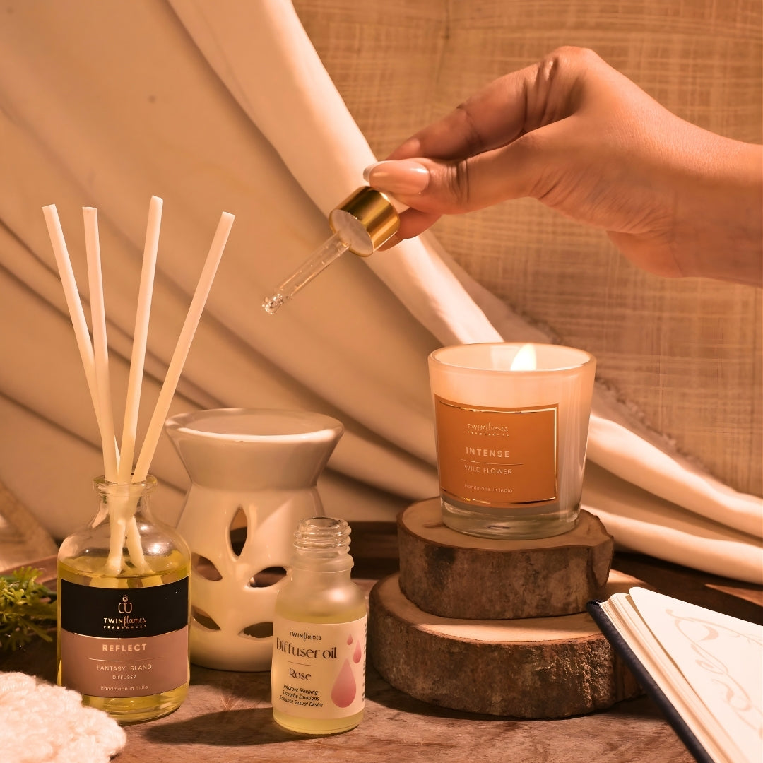 Mehfil Glow Box – Tea Light Diffuser, Oils, Reed Diffuser & Shot Glass Candle