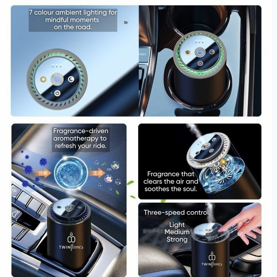 Electric Aroma Diffuser for Car & Home with Two Premium Fragrance Oils | Cordless-Style USB Operation | Intensity Control | Ambient LED Light