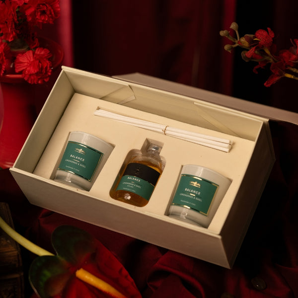 Nivara Box: Lemongrass & Basil – 50ml Reed Diffuser & Dual Shot Glass Candles