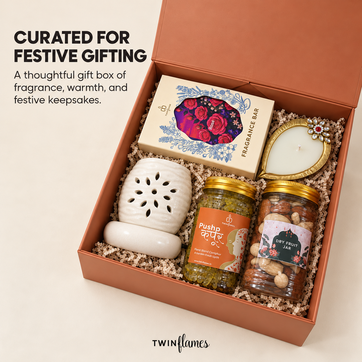 Aangan – Pushp Camphor, Fragrance Bar, Diya Candle, Diffuser & Dry Fruit Gift Set