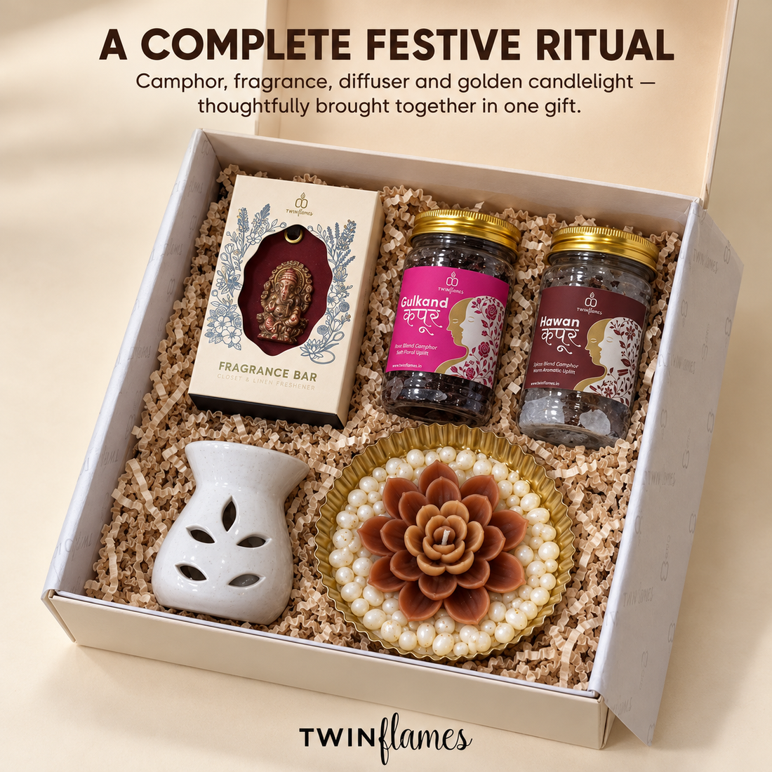 Aaradhya – Camphor, Fragrance Bar, Diffuser & Urli Candle Gift Set