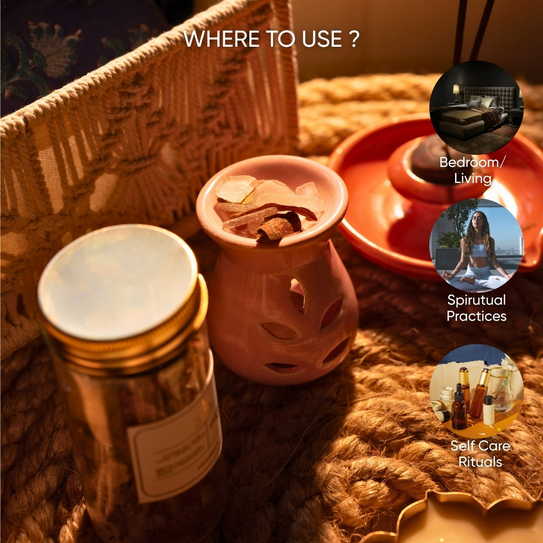 Vibhuti- Eternal Calm Set - Camphor Mix Jar, Lotus Urli Candle and Tealight Diffuser