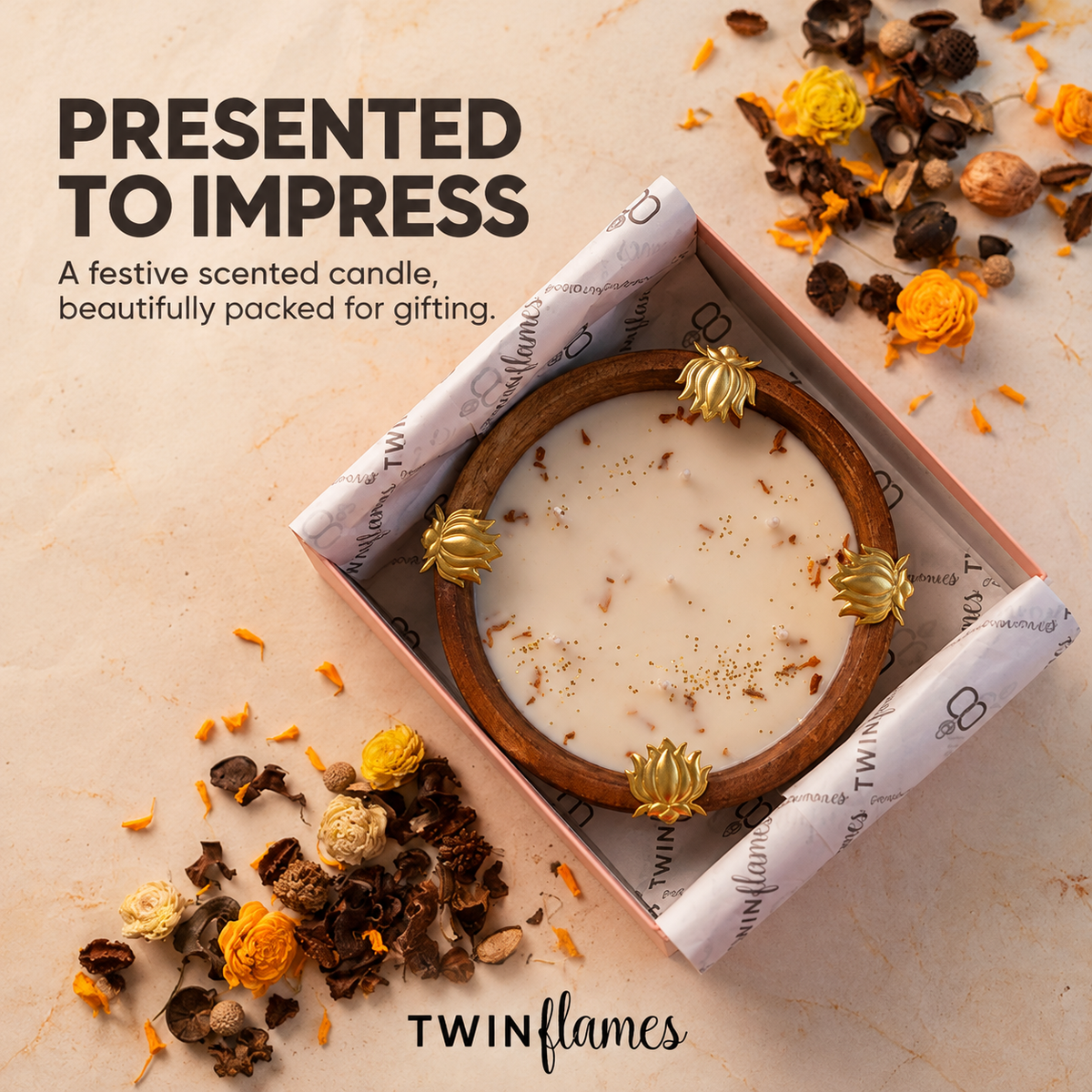 Wooden Lotus Urli Candle