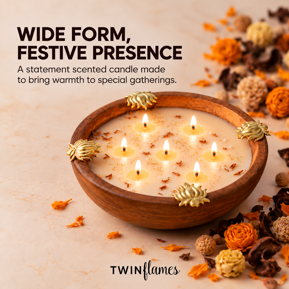 Wooden Lotus Urli Candle
