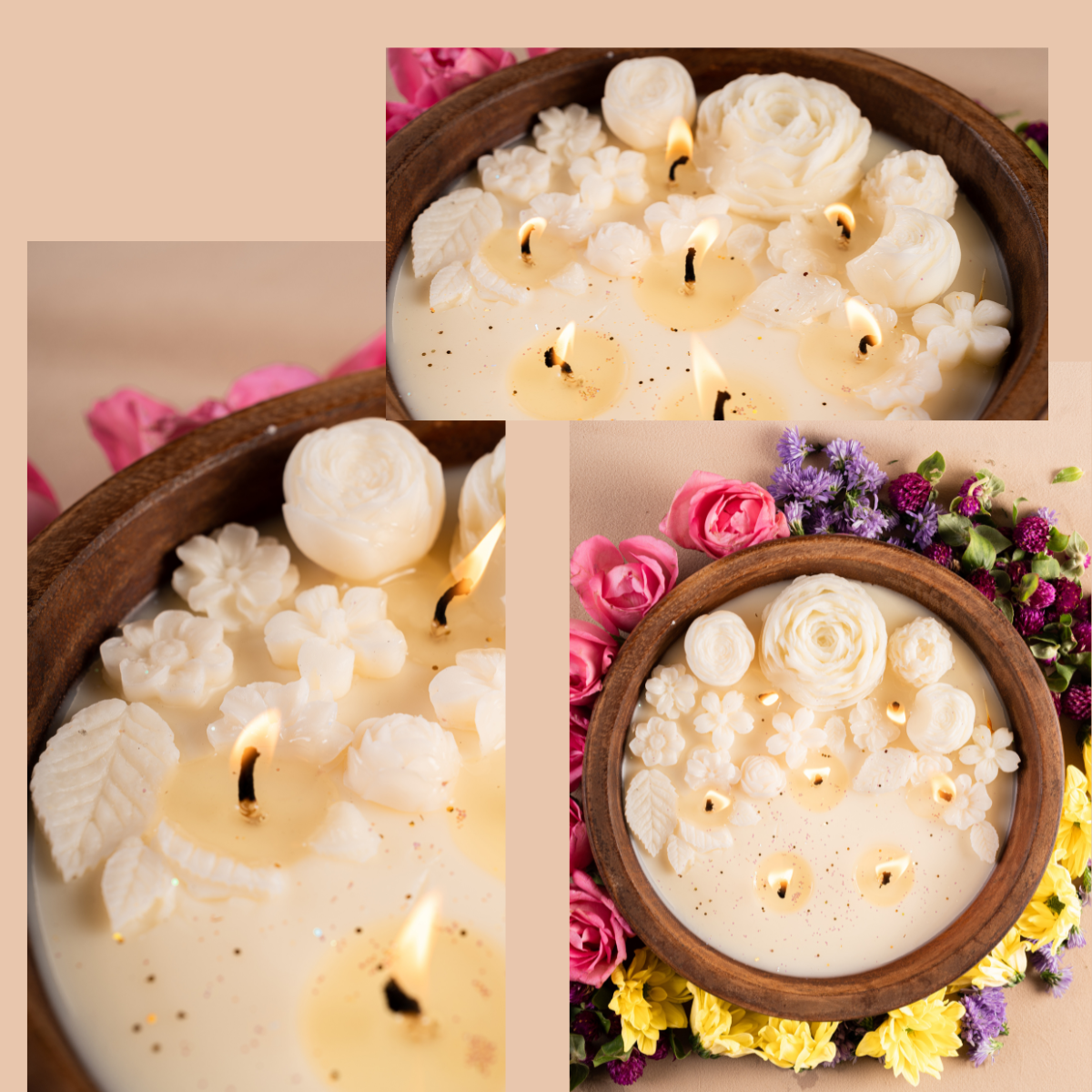 Wooden Floral Soywax Scented Candle - Twin Flames India